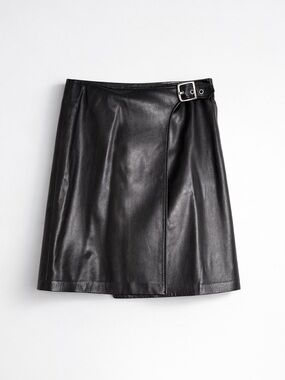 Coach Black Leather Wrap Mini Skirt with Silver Buckle